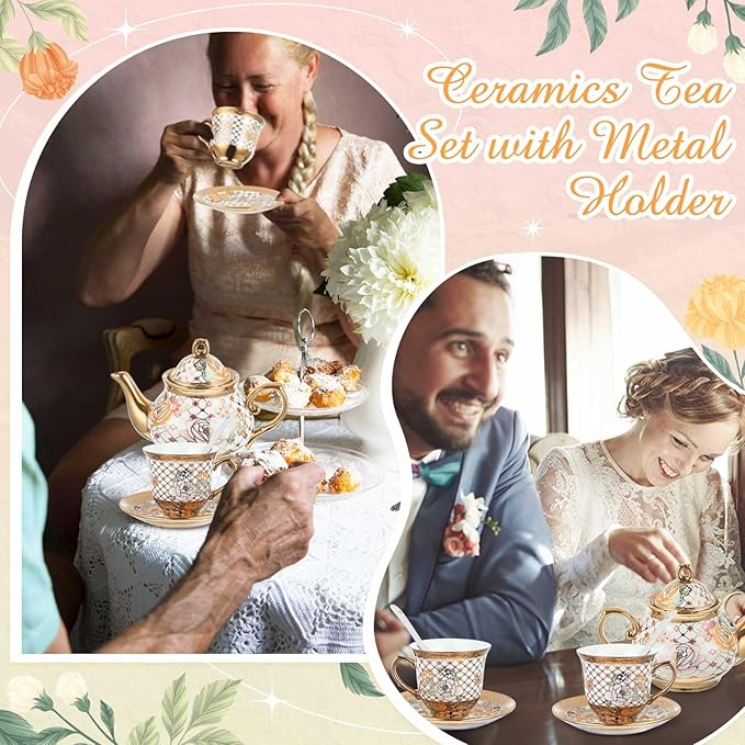 Zhehao 20 Pcs Porcelain Tea Set with Metal Holder and Spoon Adult Ceramic Tea Set European Flower Painting Teapot Cup Saucer Spoon for Women, Large Version(Delicate Style) - Bloomnest
