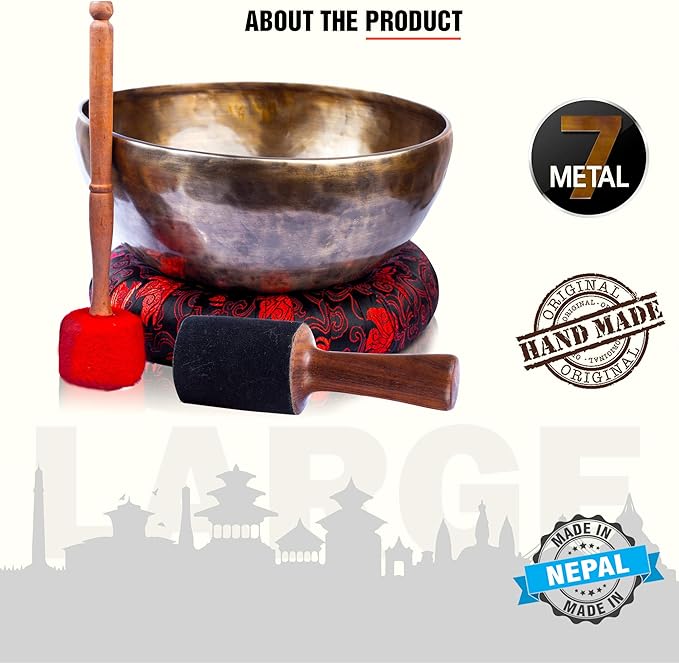 Himalayan Bazaar Large Tibetan Singing Bowl Set - 9" Master Healing Grade For Sound Bath Chakra 7 Metal Meditation Yoga For Home, Studios, and Wellness Use HimalayanBazaar