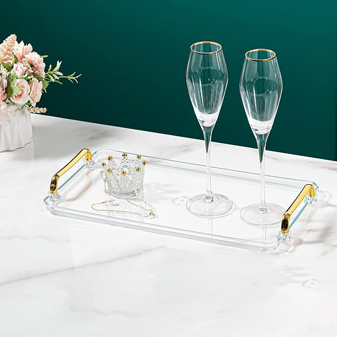 Acrylic Serving Tray with Handles Ottoman Countertop Decorative Spill-Proof Tray for Coffee Table Living Room Bedroom16 x 9 x 0.8 inches (Gray) - Bloomnest