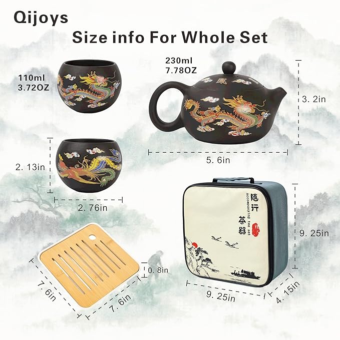 Hand-made Dragon and Phoenix Color-changing Purple Clay Teapot – Chinese Kung Fu Tea Set, Tea Lover’s Gift, Large Capacity (Travel Bag Set) - Bloomnest