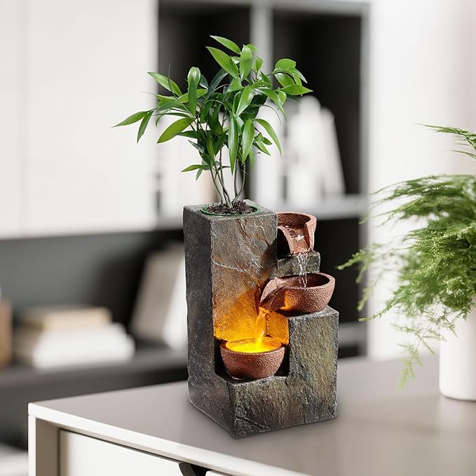 Tabletop Indoor Water Fountain – 3-Tier Rock Waterfall Fountain with Warm LED Light and DIY Planting Pot – Relaxing Small Water Feature for Desk or Home Decor (23061) - Bloomnest