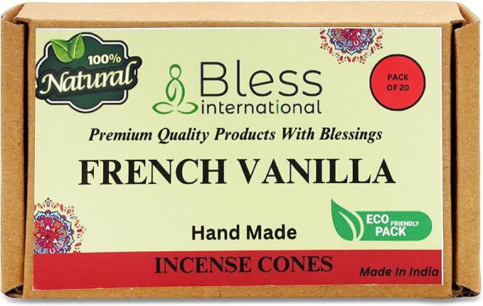 Bless International French-Vanilla 100%-Natural-Incense-Cones Handmade-Hand-Dipped Organic-Chemicals-Free for-Purification-Relaxation-Positivity-Yoga-Meditation The-Best-scents (20 Count) BlessInternational
