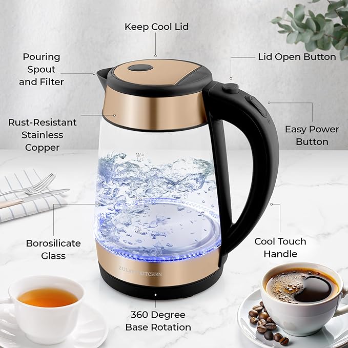 Zulay Kitchen Fast Boiling Electric Water Kettle - 1.7L, 1500W, Auto Shut-Off for Overboil & Boil Dry Protection, Cool-Touch Handle, 360° Base - Rapid Teapot Boiler For Coffee & Tea - Black Copper - Bloomnest