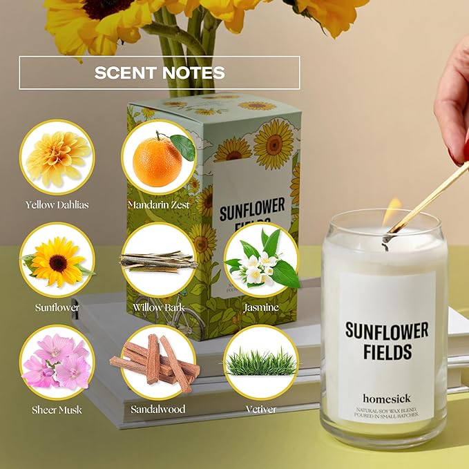 Homesick Scented Candles for Home (Sunflower Fields) - 13.75 oz Long-Lasting Natural Soy Wax Blend Jar Candle Gifts for Women & Men, 60-80 Hours Burn Time - Notes of Grass, Lemon & Lime - Bloomnest