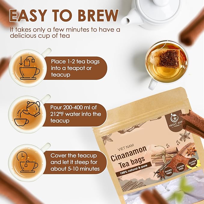 NHAT ANH FARM - Premium Cinnamon Tea Bags, 40 Teabags, 2g/bag, 100% Natural, Hand-Selected Cinnamon Tea Bags, No Additives, Sugar-Free,Caffeine-Free. Good For Your Health. - Bloomnest