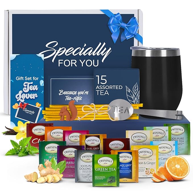 Tea Gift Set for Women and Men – Elegant Tea Sets for Women Gift with 15 Unique Teas, Stainless Steel Tumbler & 10 Honey Straws in Premium Box (Black) - Bloomnest