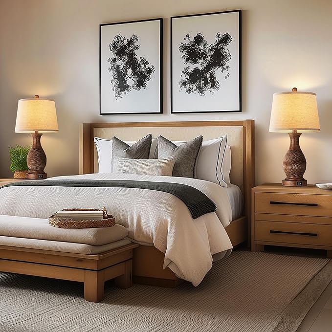 PARTPHONER Table Lamps Set of 2, Bedside Touch Lamp with USB C+A Charging Ports, Side Table Lamp with Linen Fabric Shade (LED Bulbs Included), Wood - Bloomnest