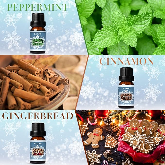 SALKING Winter Set of Scented Oils, Premium Fragrance Essential Oils Gift Set for Diffuser, Soap & Candle Making Scents - Cinnamon, Christmas Wreath, Sugar Cookie, Cranberry, Peppermint, Gingerbread - Bloomnest