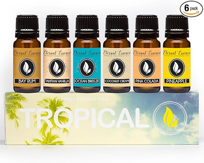 Eternal Essence Oils Tropical Set of 6 Premium Fragrance Oils - Includes Coconut Cream, Bay Rum, Pina Colada, Tahitian Vanilla, Ocean Breeze, and Pineapple Scented Oils - 10ML - Bloomnest