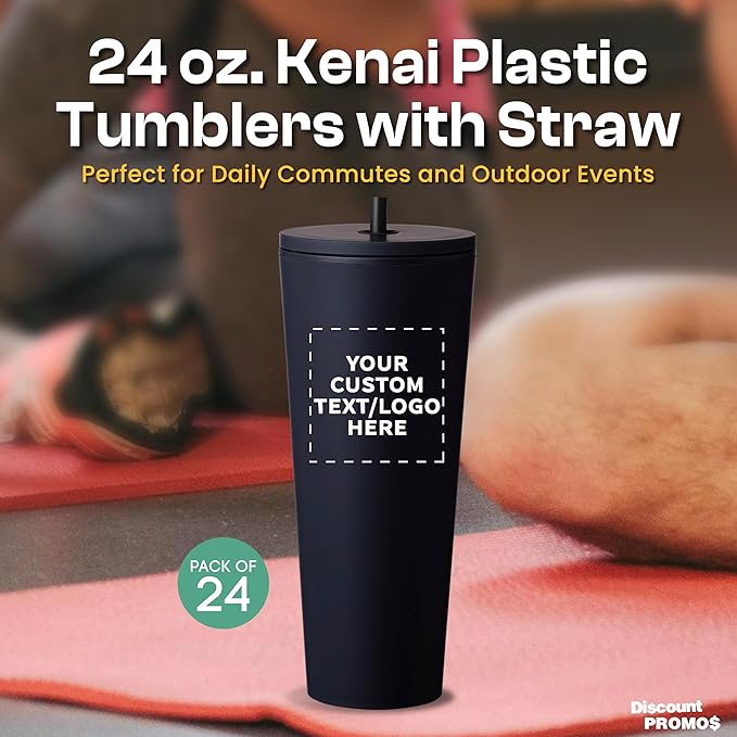 DISCOUNT PROMOS Custom Kenai Plastic Tumblers with Straw 24 oz., Set of 24, Personalized Bulk Pack - Ideal for Busy Professionals, With lids, Ice Coffee Tumbler, To Go Cup, Insulated - Black - Bloomnest