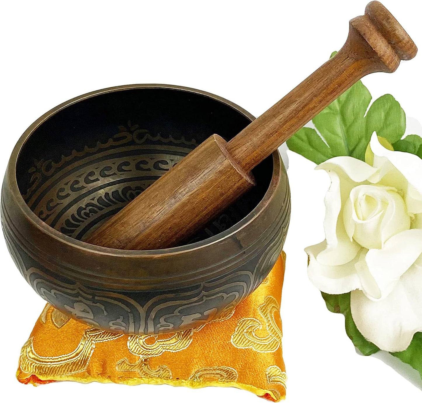 3380 SB Tibetan Auspicious Symbol Singing Bowl Set ~ Mallet Cushion Meditation Chakra Healing Prayer Yoga Mindfulness (SB-3380-G)