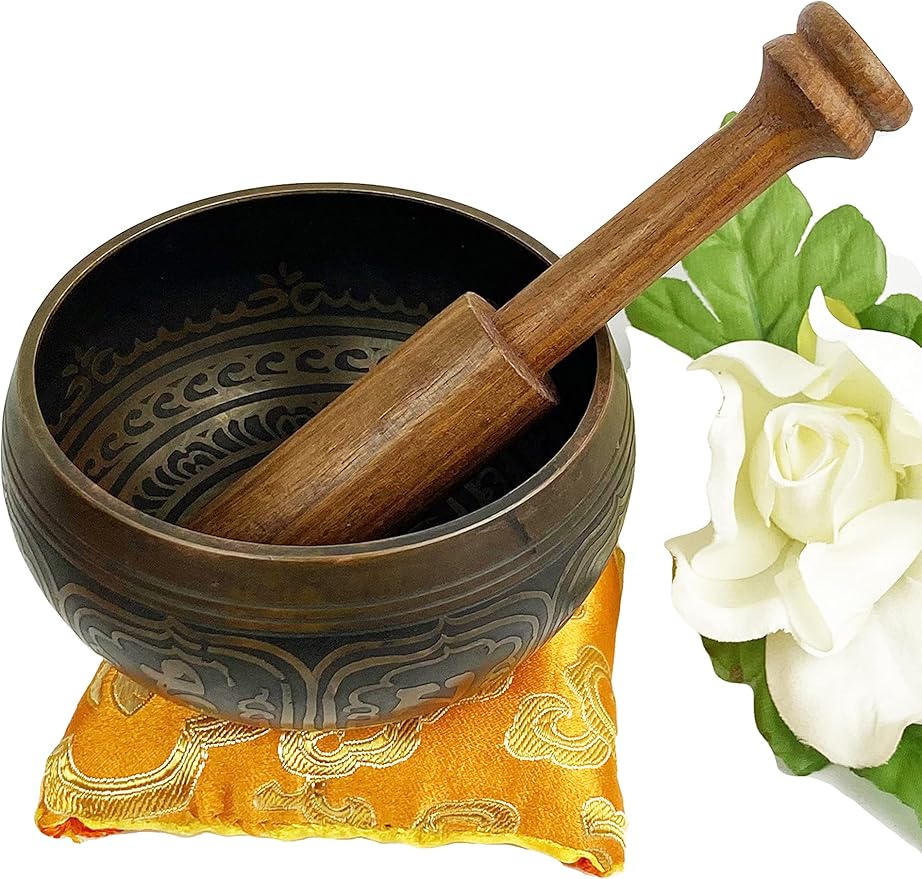 3376 SB Tibetan Auspicious Symbol Singing Bowl Set ~ Mallet Cushion Meditation Chakra Healing Prayer Yoga Mindfulness (SB-3376-E) - Bloomnest