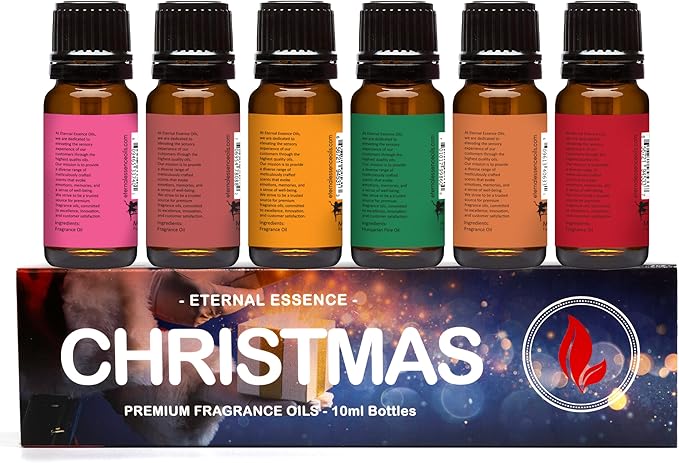 Eternal Essence Oils Christmas Set of 6 Premium Fragrance Oils - Peppermint, Cranberry, Spiced Cider, Pine, Cinnamon and Reindeer Retreat - for Diffusers, Candle & Soap Making, & Aromatherapy - 10ML - Bloomnest