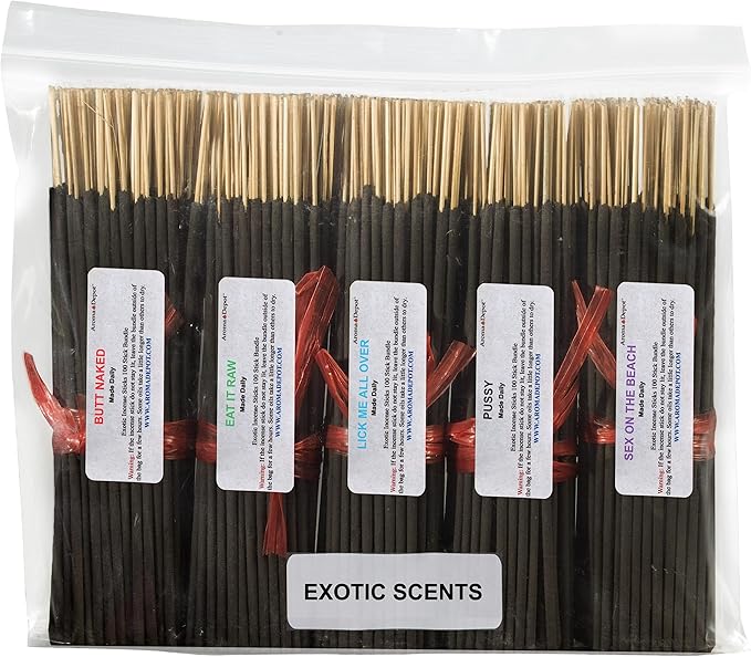 Exotics Scents 7'' Incense Sticks - Variety Set 500 Pack - 7 inch - 5 Bundles 100 Sticks Per Fragrance Scent. Set Features Butt Naked, Eat it Raw, Lick Me All Over, Pussy, Sex on The Beach AromaDepotInc
