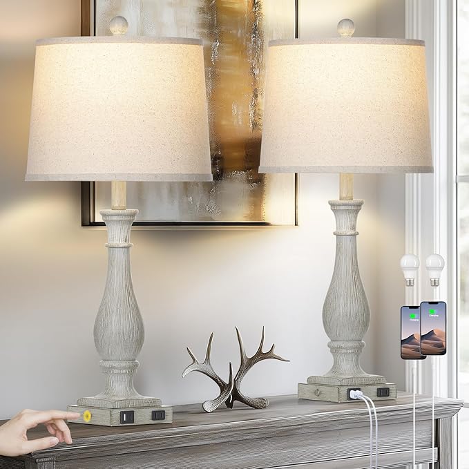 27.5" Farmhouse Table Lamps Set of 2 with USB C+A Ports & AC Outlet for Vintage Living Room Retro Bedroom, 3-Way Dimmable Touch Lamps Resin Bedside Lamps for Nightstand Side End Table, Grey - Bloomnest