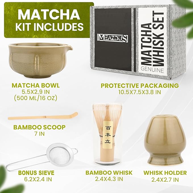 Matcha Whisk Set – 5 Piece Japanese Matcha Tea Set w/Ceramic Matcha Bowl, 100-Prong Bamboo Whisk & Holder, Scoop, & Stainless Sifter – Traditional Matcha Making Kit (Mottled Green) - Bloomnest