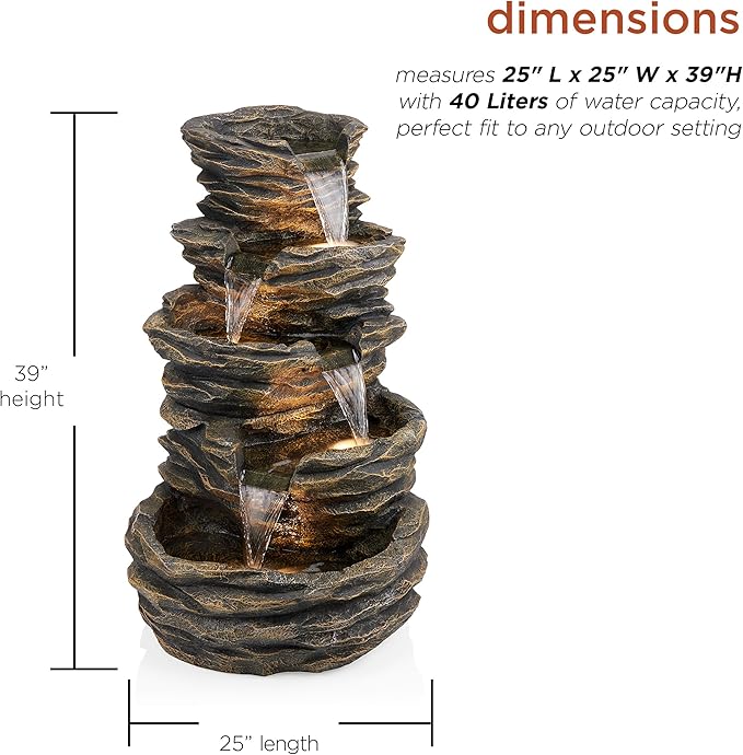 Alpine Corporation GIL110 Outdoor 5 Tiered Natural Look Rock Water Floor Fountain with Replaceable Lights,39" H, Brown - Bloomnest