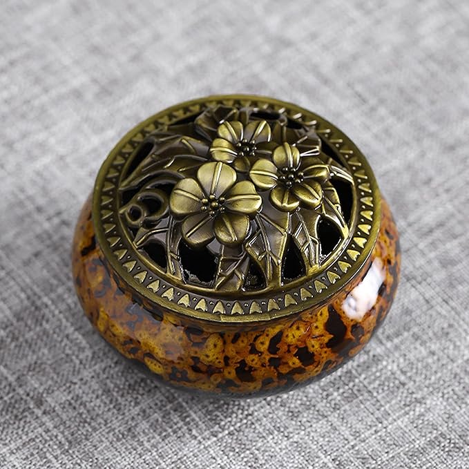 Ceramic Incense Burner with Lid, Bowl Burner， Cone Incense Burner, Ceramic Censer Suitable for Incense/Cone/Coil/Sticks, There are 30 Incense Cones+ Metal Incense Holder+Fireproof Cotton Inside. - Bloomnest