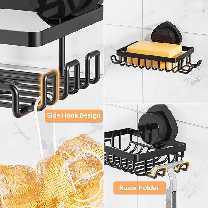 KEGII Corner Shower Caddy Suction Cup, Corner Shower Shelves with Soap Holder, No Drilling Suction Cup Bathroom Organizer with Hooks, Removable Bathroom Storage Rack, 3 Pack - Black - Bloomnest