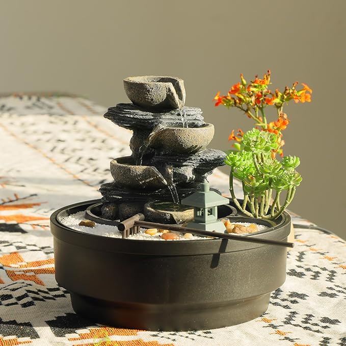 Indoor Tabletop Water Fountain with LED Lights & Pagoda, 4-Tier Rock Cascading Design, Artificial Flowers, White Stones and Rake, Zen Decor for Office/Living Room/Bedroom/Study (8.5" H) - Bloomnest