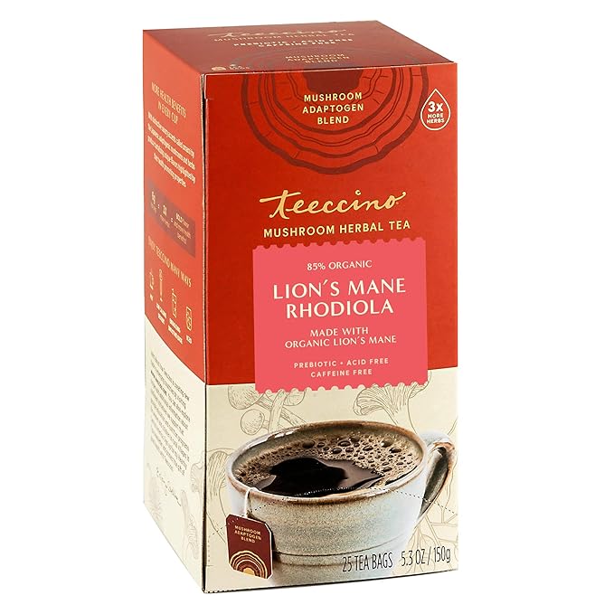 Teeccino Lion’s Mane Rhodiola Rose Mushroom Adaptogen Herbal Tea - Caffeine-Free, 3x More Herbs than Regular Tea Bags, Lightly Sweet from Dates & Figs, Prebiotic - 25 Tea Bags - Bloomnest