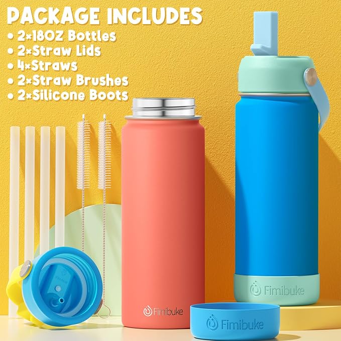 Fimibuke Kids Insulated Water Bottle, 18oz BPA FREE Kids Cups with Straw Double Wall Vacuum Tumbler 18/8 Stainless Steel Leak Proof Toddler Water Bottle for School Boys Girls (2 Pack, Coastal) - Bloomnest