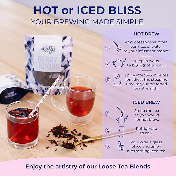 Katy’s® Berrylicious Loose Leaf Tea | Hibiscus, Blueberry & Cranberry | Fruity Herbal Tea | Caffeine-Free Fruit Tea | Cold Brew or Hot | 30+ Cups | Antioxidant-Rich | Woman-Owned | 3oz Pouch - Bloomnest