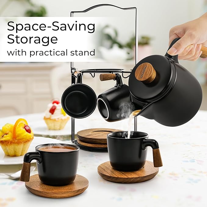 MIAMIO – 34 Oz Ceramic Tea Pot Set with Infuser and Cups/Tea Strainer, 4 Ceramic Tea Mugs (10 Oz), Bamboo Saucers/Handle for Home and Office (Black) - Bloomnest