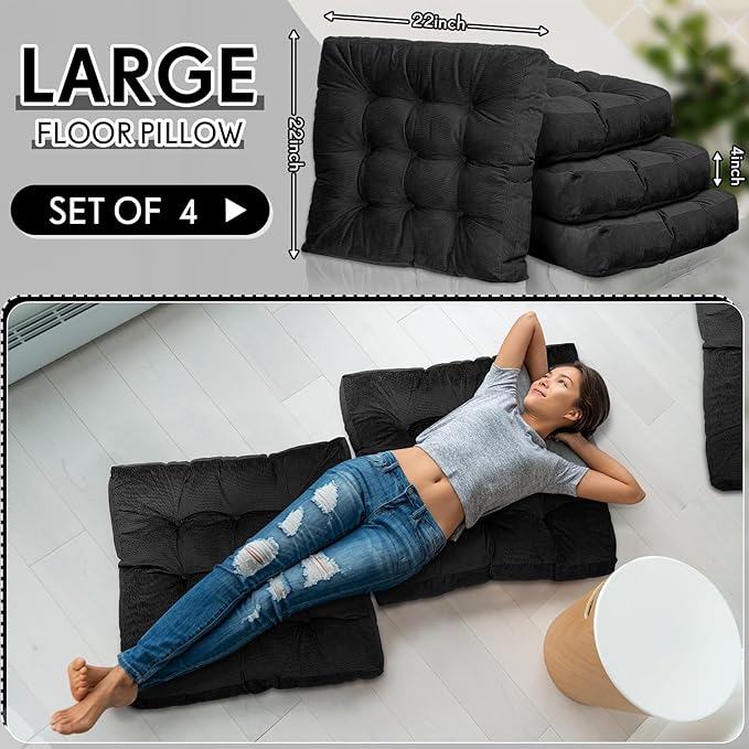 Jerify Floor Pillow Cushions 22 x 22 Inch Round Square Large Meditation Floor Pillow for Classroom Adult Meditation Picnic Party Cushion for Seating Gift Christmas(Square,Black,4 Pcs) - Bloomnest