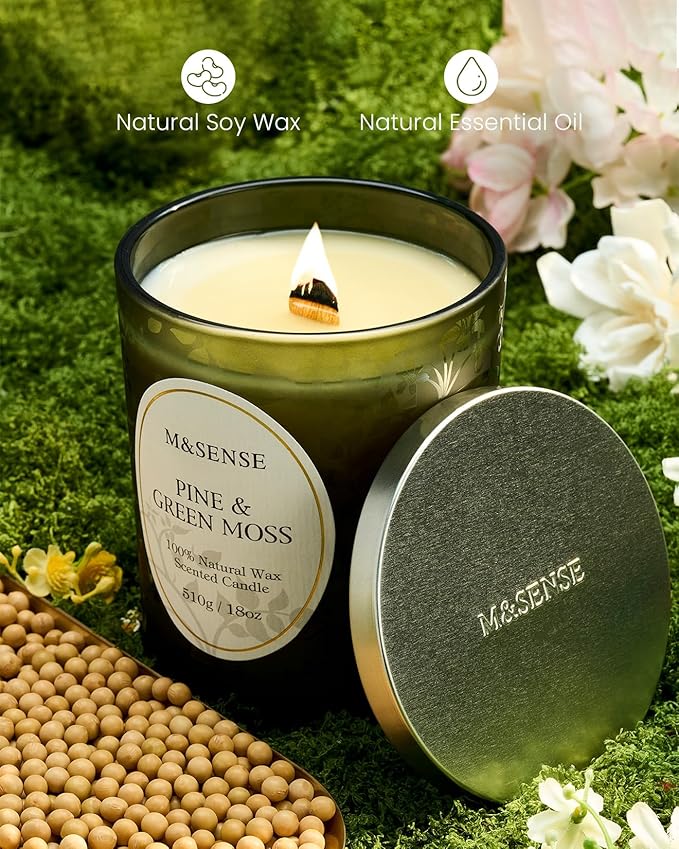 M&SENSE Pine & Moss Scented Candles, Natural Soy Wax 18oz 100 Hours Long Lasting Slow Burn, Cracking Wooden Wick Aromatherapy Candle for Women, Winter Holiday Christmas Gifts - Bloomnest