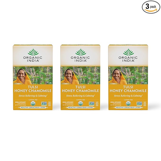 ORGANIC INDIA Tulsi Honey Chamomile Tea Bags - Herbal Tea for Stress Relieving & Calming, USDA Certified Organic, Caffeine Free - 18 Tea Bags, 3 Pack - Bloomnest