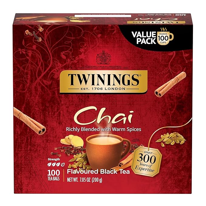 Twinings Chai Black Tea Individually Wrapped Bags, 100 Count (Pack of 1), Richly Blended with Warm Spices, Caffeinated, Enjoy Hot or Iced, 100 Teabags - Bloomnest