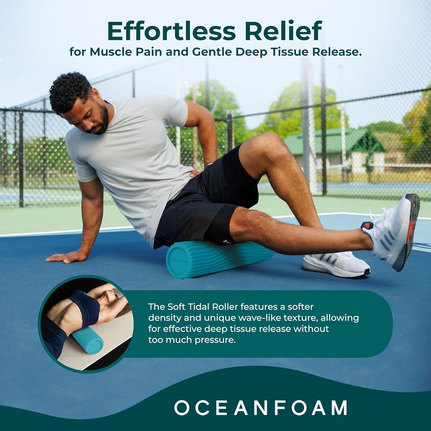 Oceanfoam Soft Tidal Roller (Miami Blue) - Low Density Foam Roller for Physical Therapy, Back Pain, Exercise & Stretching - Wave Textured - Yoga, Athletics, & Wellness - Full Size, 20" x 5"