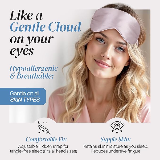 Adjustable Silk Sleep Mask Eye Covers | 100% Pure 6A Mulberry Silk | Blackout & Hypoallergenic | Concealed Strap for Women & Men | for Sleeping & Travel (Pink) - Bloomnest