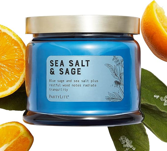 PartyLite Sea Salt & Sage Scented, Notes of Salted Air, Sea-Soaked Sage, Driftwood, Coconut and Sandalwood, 13.2oz 3-Wick Jar Candle, 45 Hour Burn Time, Luxurious Fragrance, Perfect for Gifting - Bloomnest