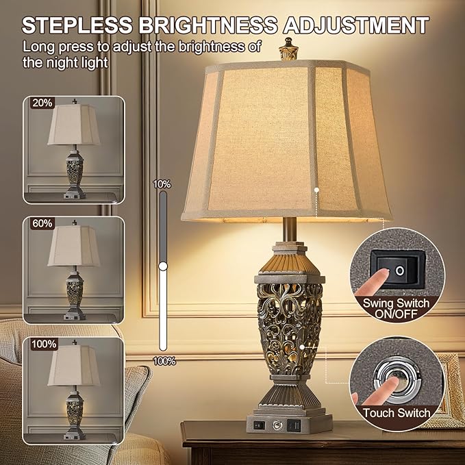 AIDENOEY 27.5“ Farmhouses Table Lamp with USB & USB-C Charging Ports, 3-Color Dimmable & Stepless Bottom Dimming, Touch Control & Switch, Vintage Bedside Lamp for Bedroom Living Room Office,(Brown)
