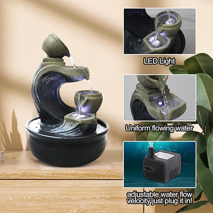 Indoor Tabletop Water Fountain with LED Light - 15.7-inch High 4-Tier Desktop Waterfall Fountain for Home Bedroom Office Decor