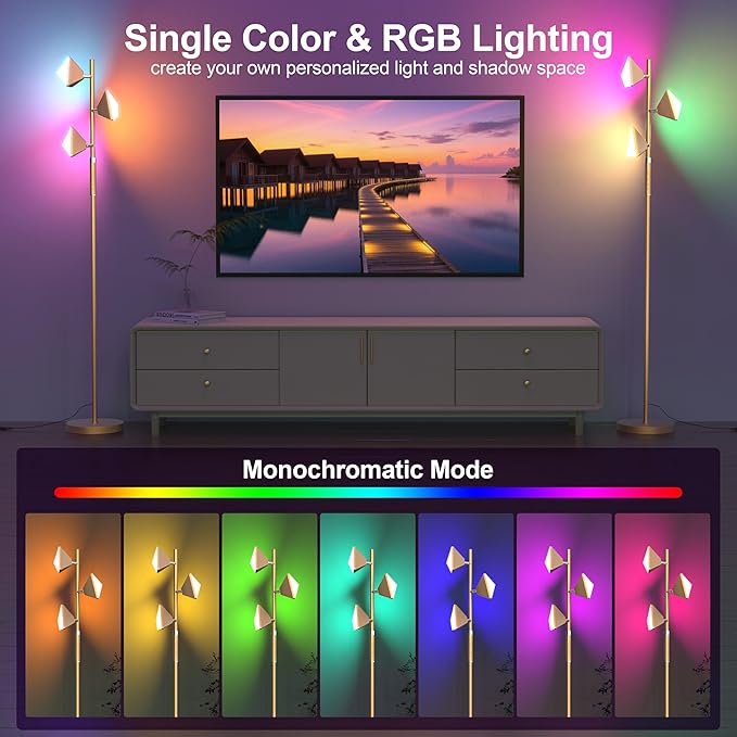 PARTPHONER RGB Tree Floor Lamp for Living Room, Stepless Dimmable Tall Standing Lamp with Remote, Touch Control and 3 Rotatable Light, Bright LED Lights for Bedroom with 4 Color-Changing, Gold - Bloomnest