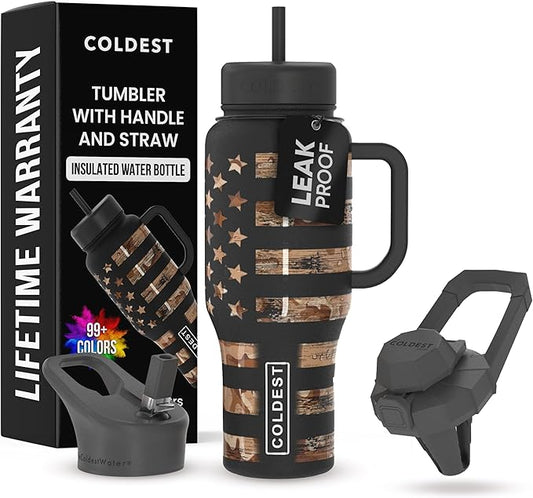 Coldest Tumbler with Handle and Straw, 100% Leak Proof Insulated Tumbler with Lid and Straw (3 Lids), Stainless Steel Tumblers for Women & Men, Cup Holder Friendly, 36 oz (Camouflage Flag) - Bloomnest