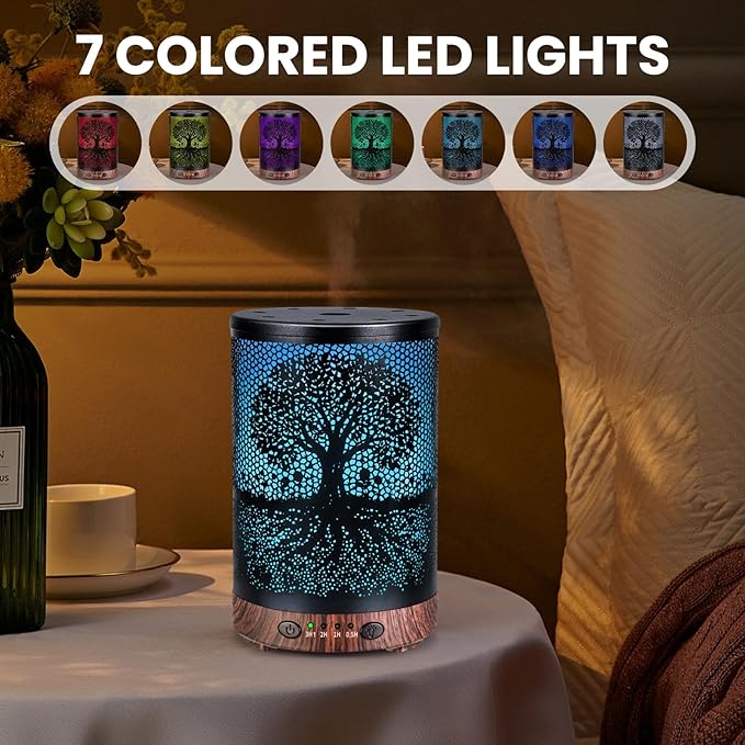 Essential Oil Diffuser 120ML Metal Aromatherapy Diffuser with Timer, Cool Mist Humidifier with Auto Shut-Off & 7 Color Lights for Home Office Spa (Life Tree) - Bloomnest