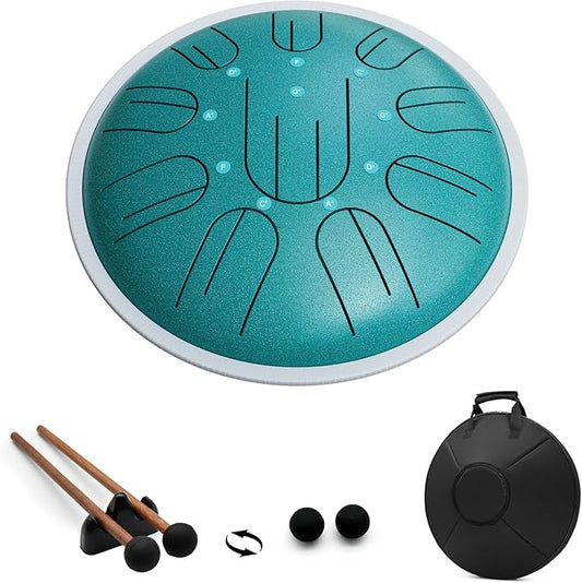 Steel Tongue Drum, 10 Inch 10 Notes Hanpan, G Major, Hand Pan Drums Mallets and Carry Bag, Malachite Green - Bloomnest