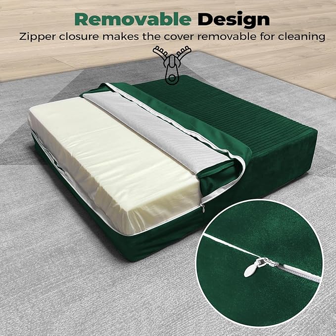 Large Floor Pillows for Adults, Thick Meditation Floor Cushions for Sitting Yoga, 22x22x5 Foam Seat Cushions Set of 2 for Furniture, Floor Pillow with Pleated Velvet Removable Cover, Green