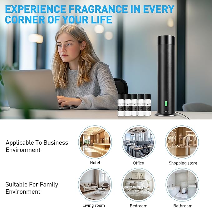 Waterless Scent Diffuser Starter Kit - 800 Sq Ft Coverage, Hotel Scent Diffuser, Essential Oil Diffuser Large Room, Included 5 Scent Oils, Remote Control, Black, 11.20In - Bloomnest