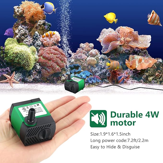 2 Pack 80GPH (4W 300L/H) Submersible Water Pump with 4.9ft Tubing (1/3-Inch ID), 3 Nozzles for Aquarium, Pond, Fish Tank, Hydroponics - Bloomnest