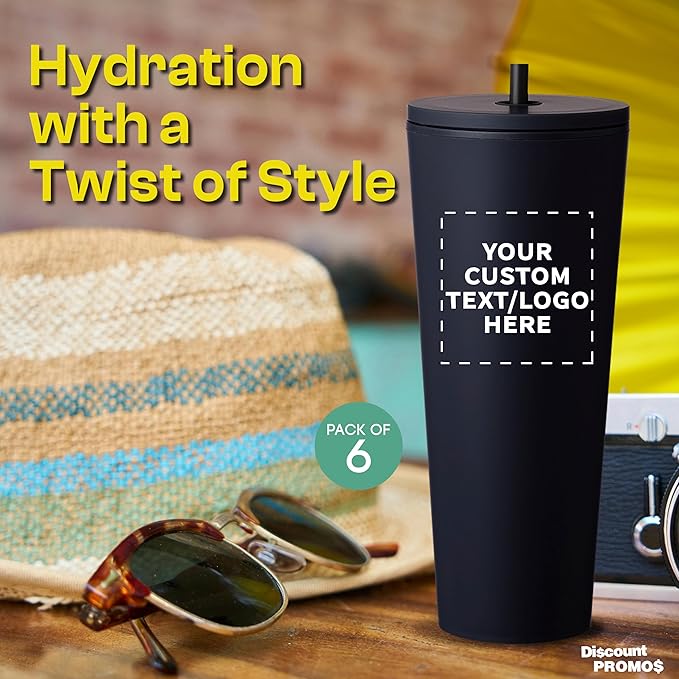 DISCOUNT PROMOS Custom Kenai Plastic Tumblers with Straw 24 oz., Set of 6, Personalized Bulk Pack - Ideal for Busy Professionals, With lids, Ice Coffee Tumbler, To Go Cup, Insulated - Black - Bloomnest