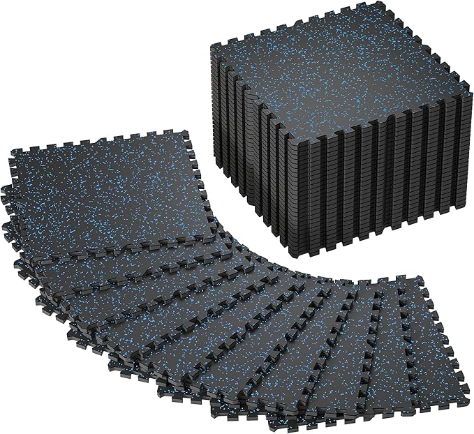 SUPERJARE 0.56'' Thick 36 Pcs 144 Sq Ft Rubber Top Exercise Equipment Mats, High Density EVA Foam Mats with Rubber Top, Interlocking Gym Flooring for Home Gym, Protective Workout Mat, Black/Blue - Bloomnest