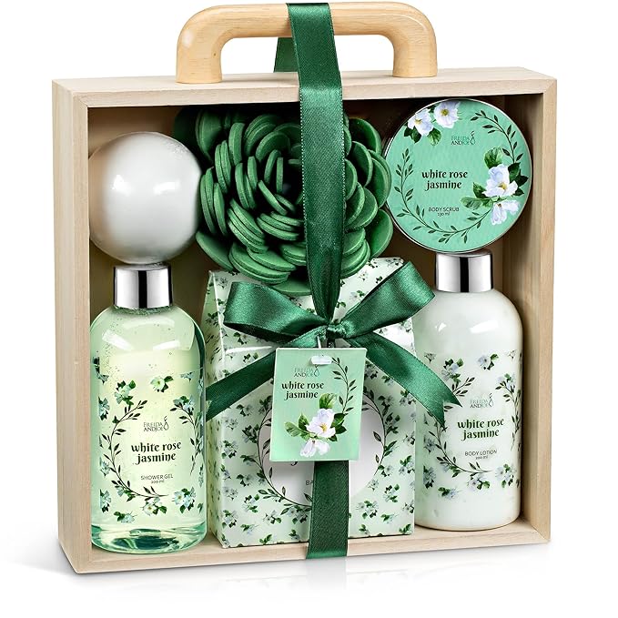 Deluxe White Rose Jasmine Spa Basket Home Spa Set with Shower Gel, Body Lotion, Bath Salts, Body Scrub, Bath Bomb and Bath Puff in Wooden Curio Valentines Gift