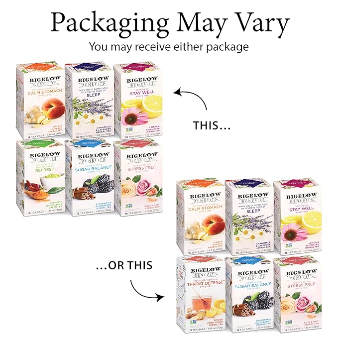 Bigelow Tea Benefits Wellness Teabag Variety Pack, Mixed Caffeinated Green Matcha & Caffeine-Free Herbal Tea, 18 Count Box (Pack of 6) 108 Tea Bags Total - Bloomnest
