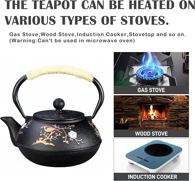 Cast Iron Teapot SECHUDO Teapot for Stovetop Safe Coated with Enameled Interior,Japanese Beautiful Tea Kettle with Stainless Steel Infuser for Loose Tea (30.4oz Plum Blossoms and Bird Pattern) - Bloomnest