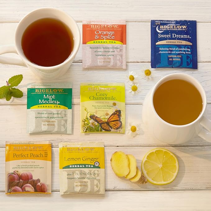 Bigelow Tea Caffeine Free 6 Flavor Herbal Tea Variety Pack, Decaf Tea with Mint Medley, Cozy Chamomile, Orange and Spice, Sweet Dreams, Perfect Peach, and Lemon Ginger, (Pack of 6), 118 Total Tea Bags - Bloomnest